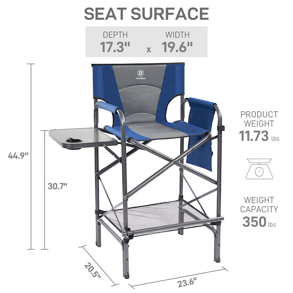 Tall Folding Chair with Side Table Cup Holder Storage Pocket Blue Grey H462