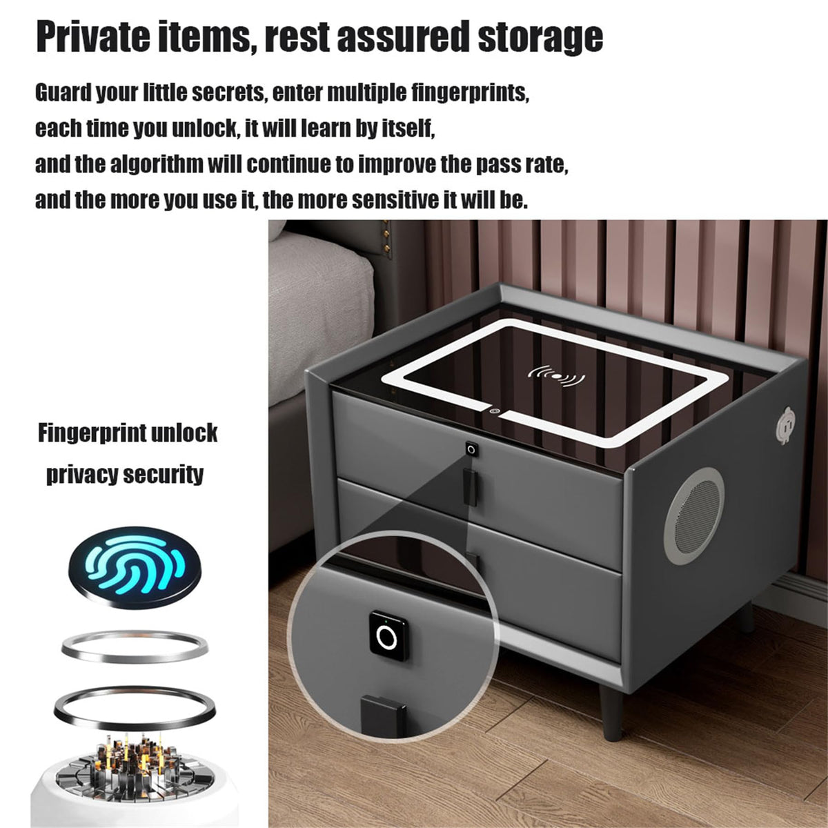 Gray Nightstand with Fingerprint Lock and Wireless Charging L30702