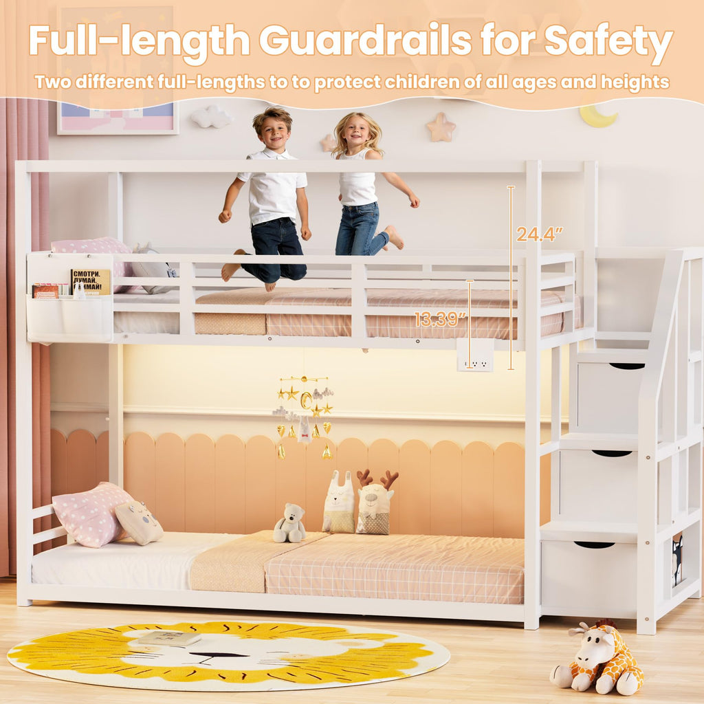 White Twin Over Twin Bunk Bed with Storage Stairs W139