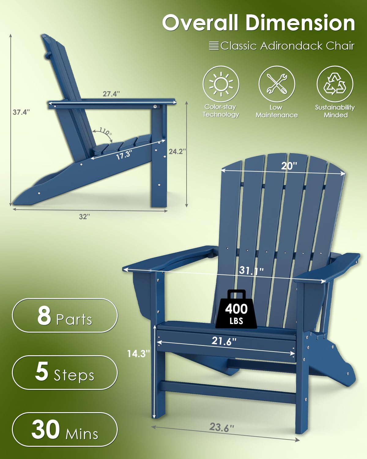 Oversized Adirondack Chairs Set of 2 HDPE All Weather Blue Q967141