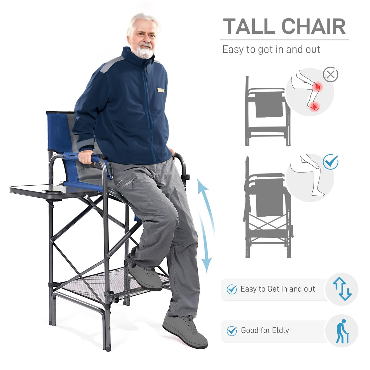 Tall Folding Chair with Side Table Cup Holder Storage Pocket Blue Grey H462
