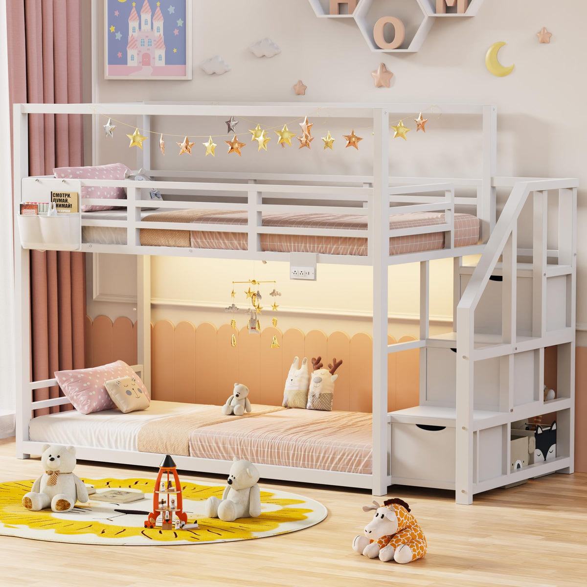 White Twin Over Twin Bunk Bed with Storage Stairs W139