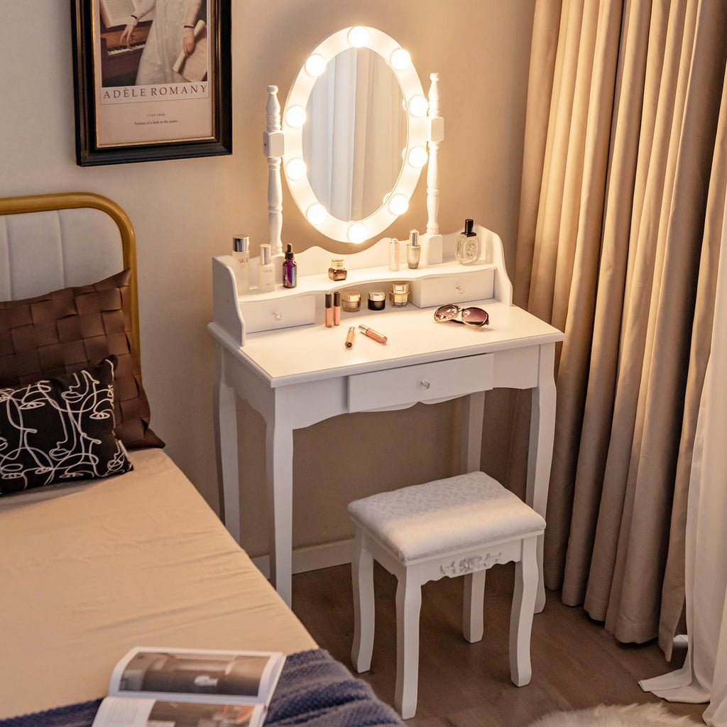 White Makeup Vanity Desk with Lighted Mirror and Stool E55055