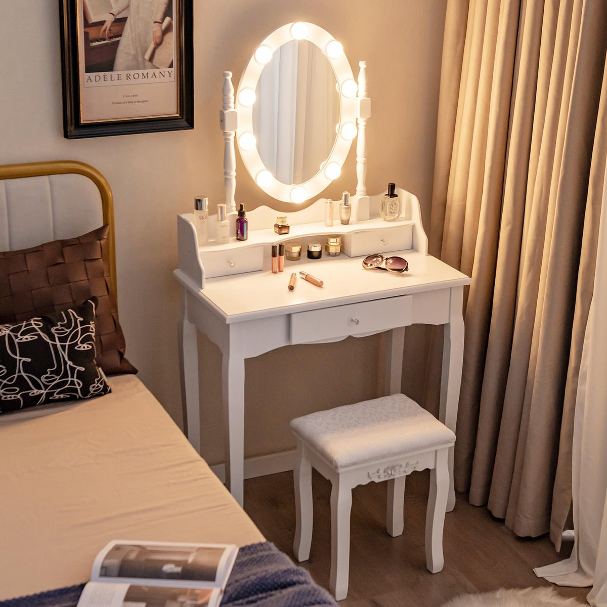 White Makeup Vanity Desk with Lighted Mirror and Stool E55055