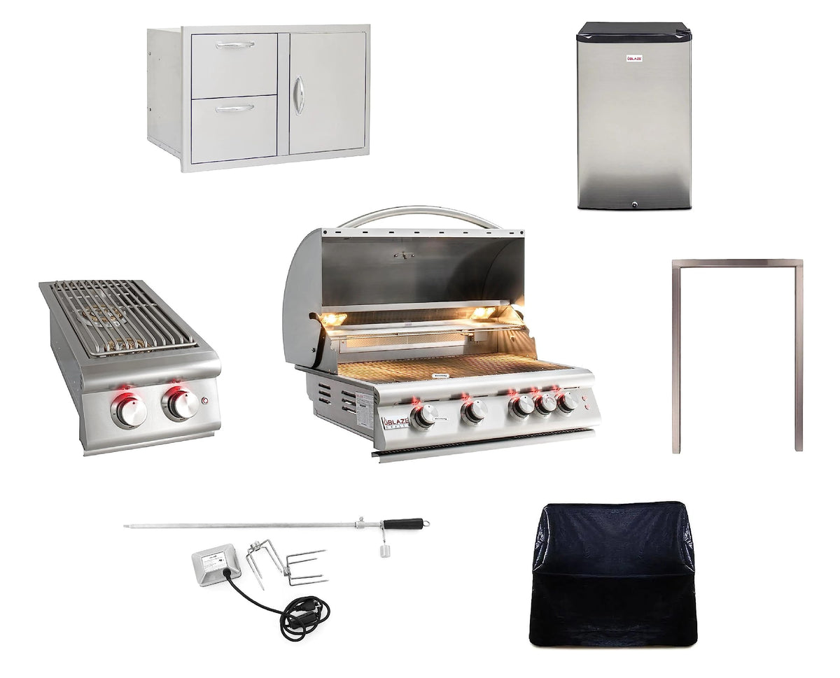 32” Built-in Gas Grill, Double Side Burner, Door & Two Drawers Combo, 20” Refrigerator M71937