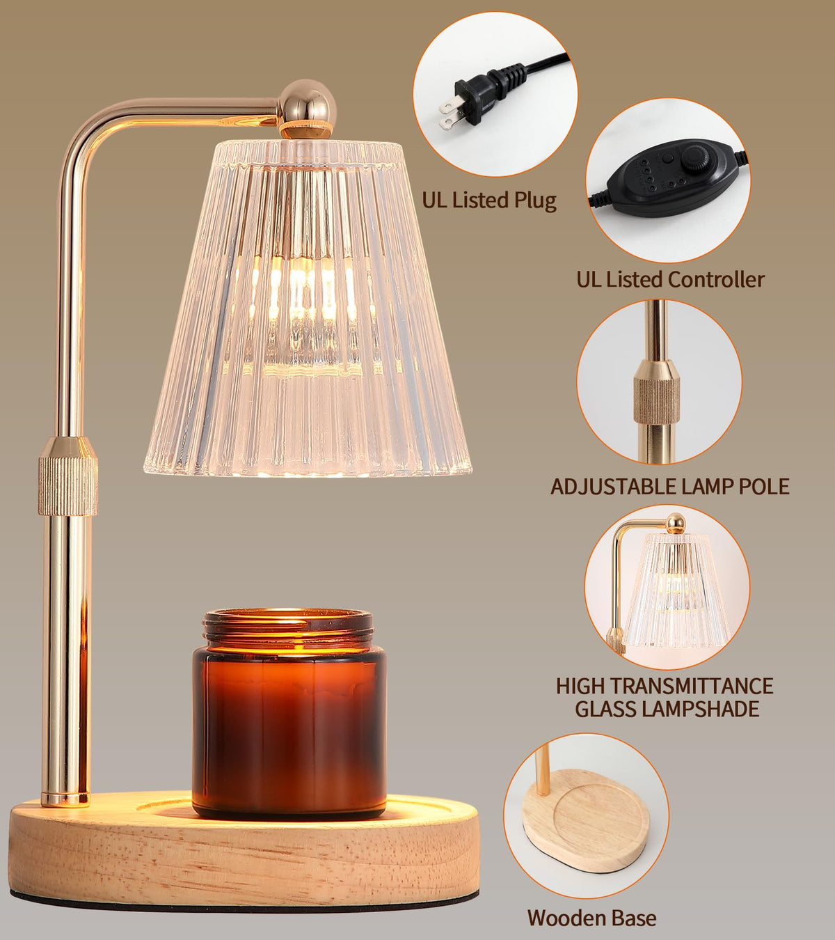 Gold Candle Warmer Lamp with Timer Dimmable with 2 Bulbs S539834