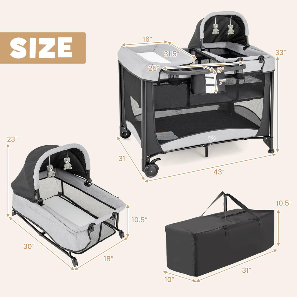 4 in 1 Pack and Play Portable Baby Playard with Changing Table Bassinet Mattress Carry Bag A207427