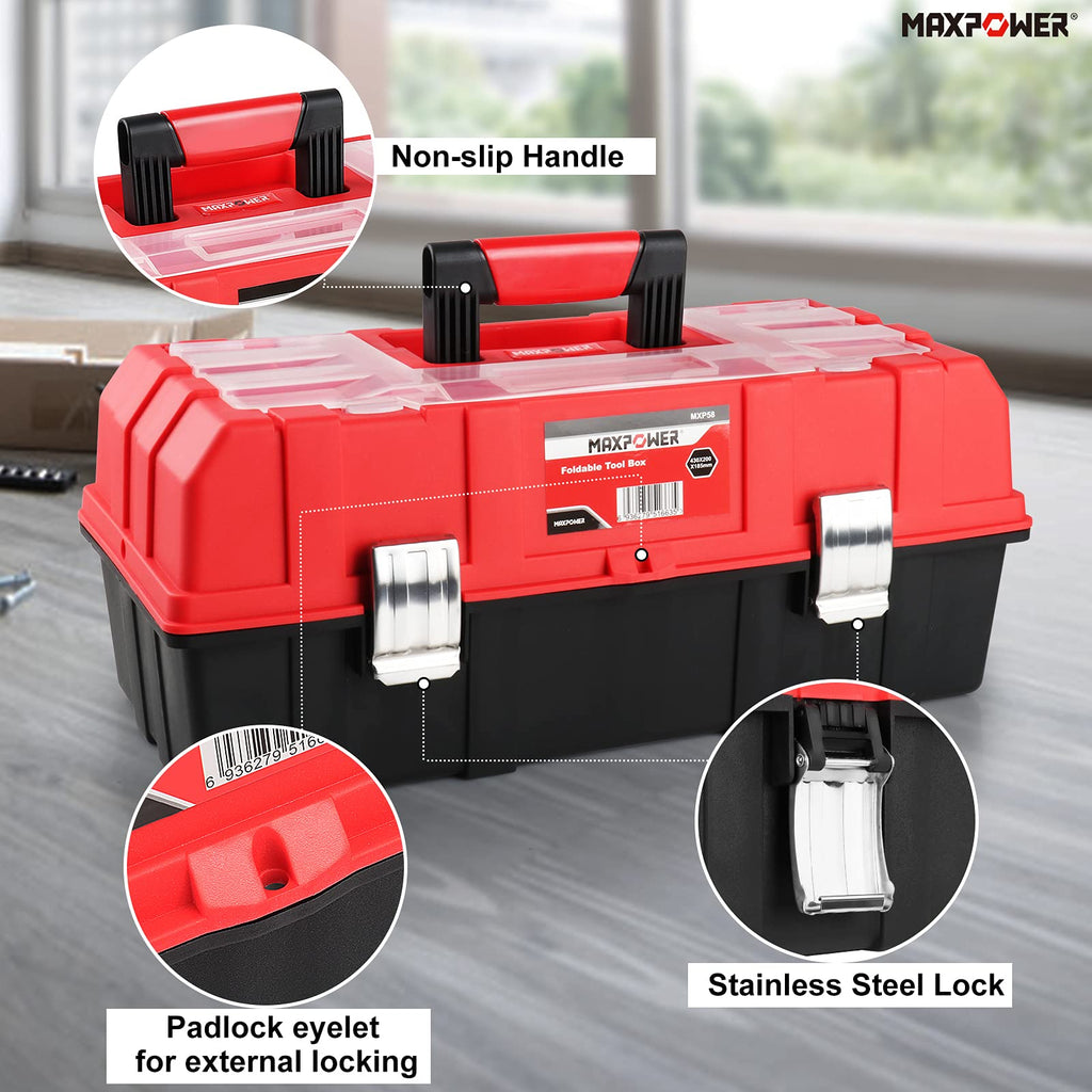 16-Inch Three-Layer Folding Plastic Tool Box with Tray and Dividers Z677