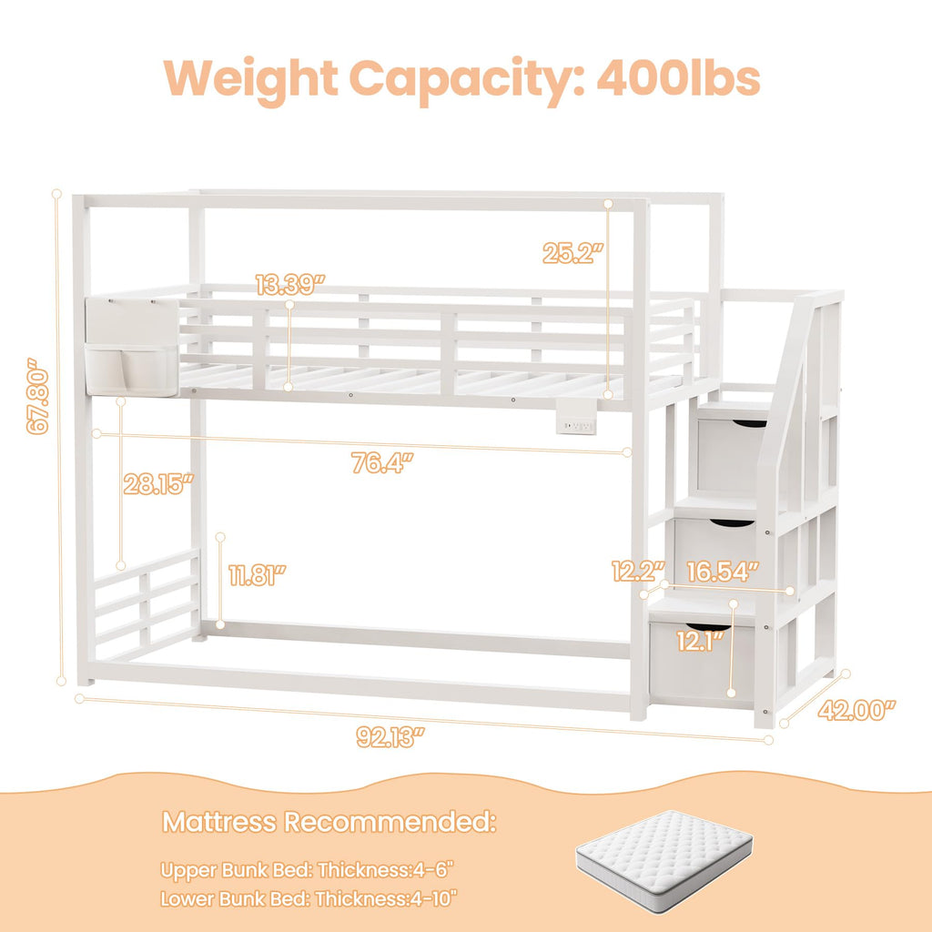 White Twin Over Twin Bunk Bed with Storage Stairs W139
