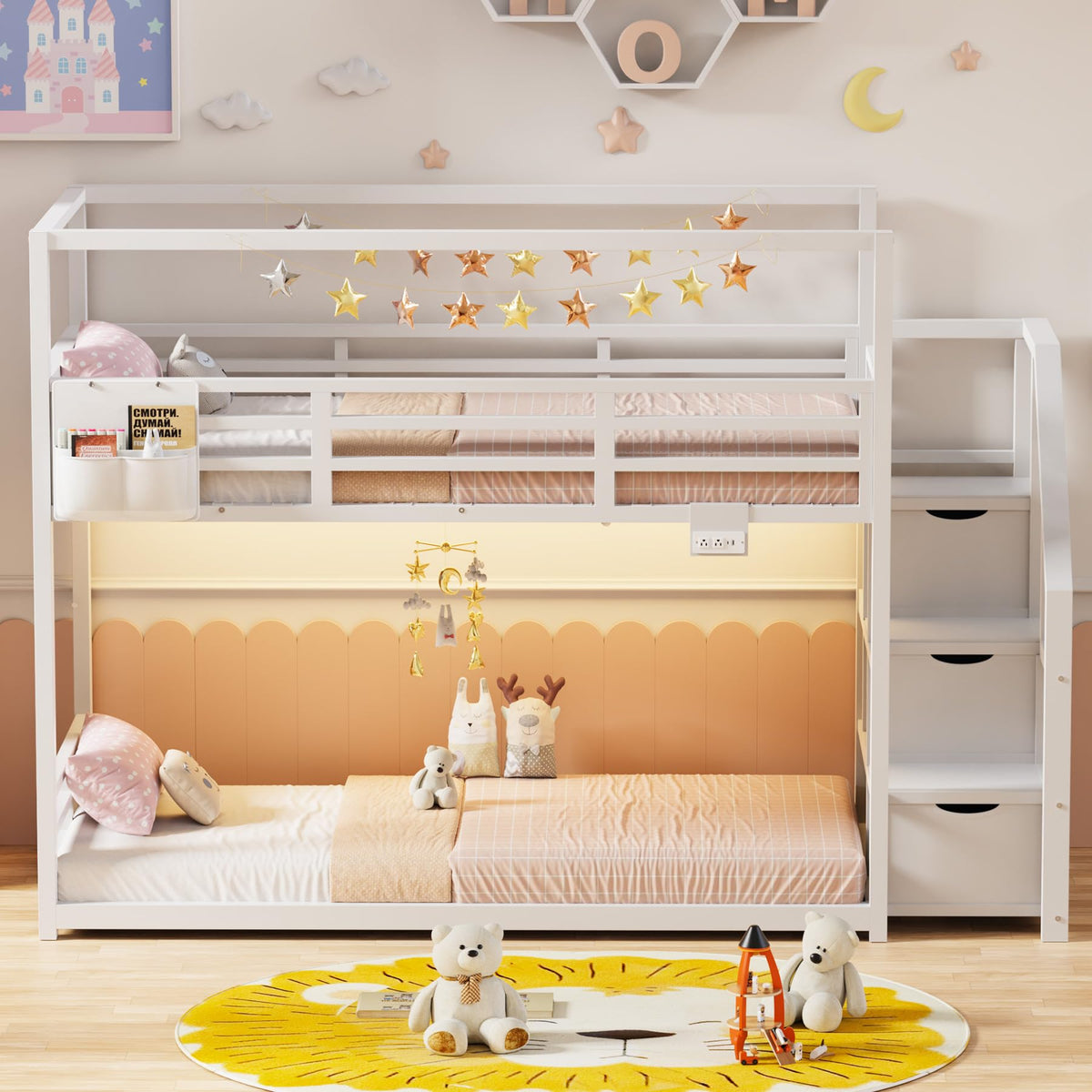 White Twin Over Twin Bunk Bed with Storage Stairs W139