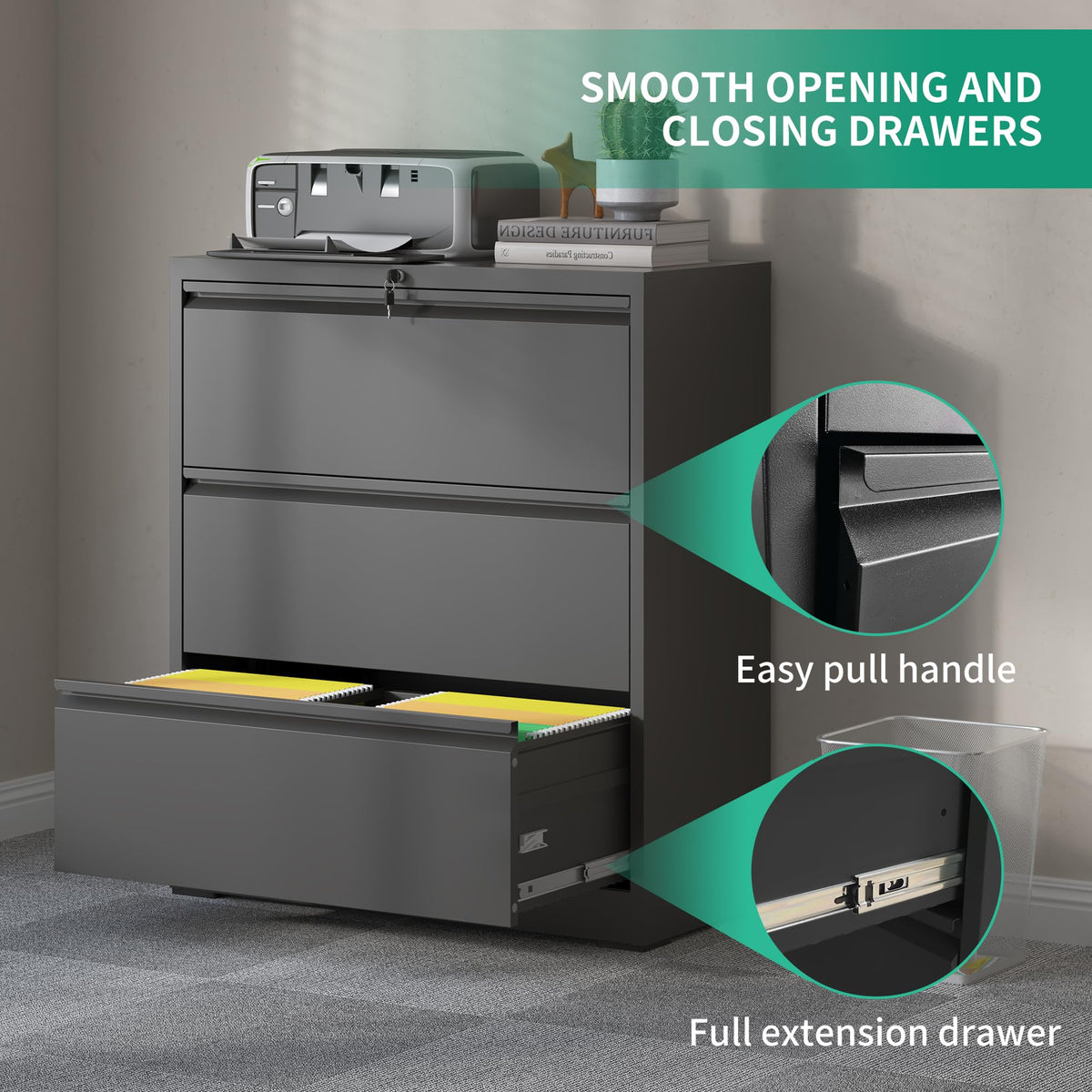 Black 3 Drawer Locking Metal File Cabinet P811493