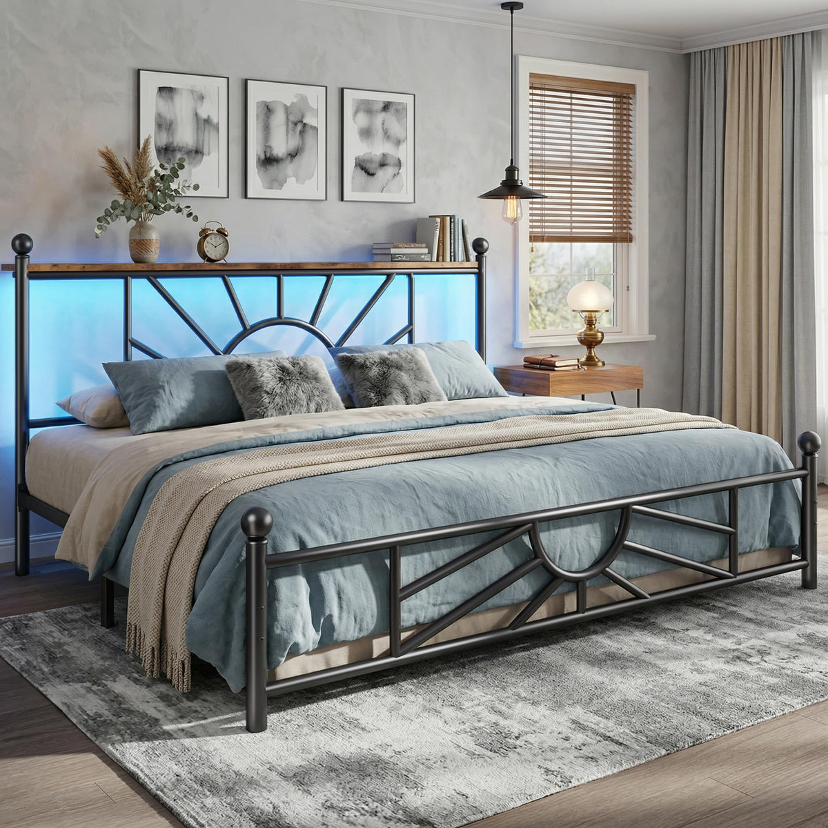 King Size Metal Platform Bed Frame with LED Lights P908443