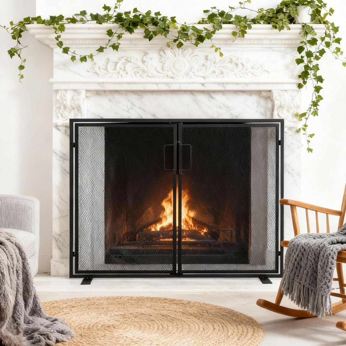 Black 2 Panel Fireplace Screen with Hinged Doors H36361
