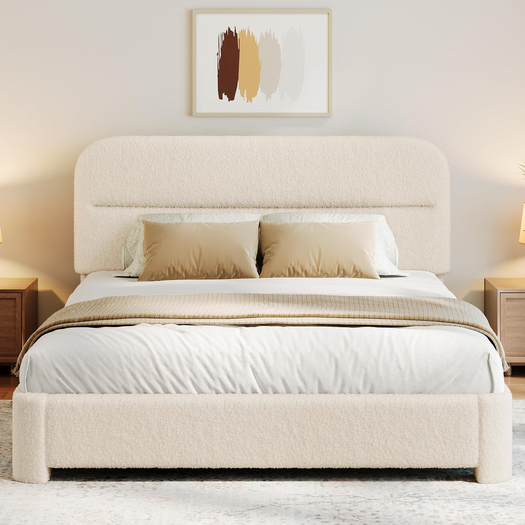 Beige Boucle Upholstered Bed with Headboard N4214