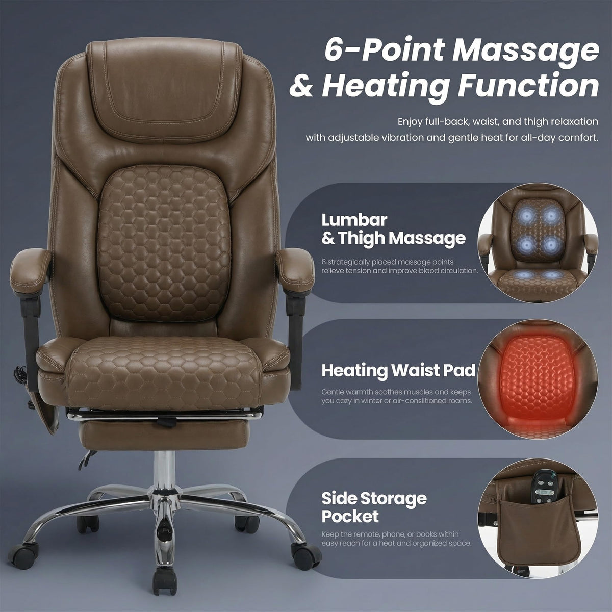 Brown Leather Massage Office Chair with Heat and Footrest Q9431
