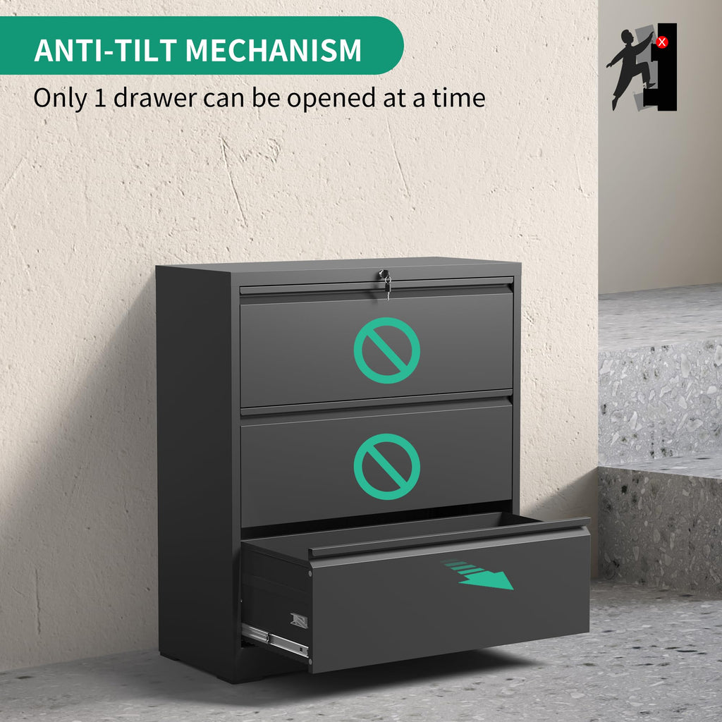 Black 3 Drawer Locking Metal File Cabinet P811493