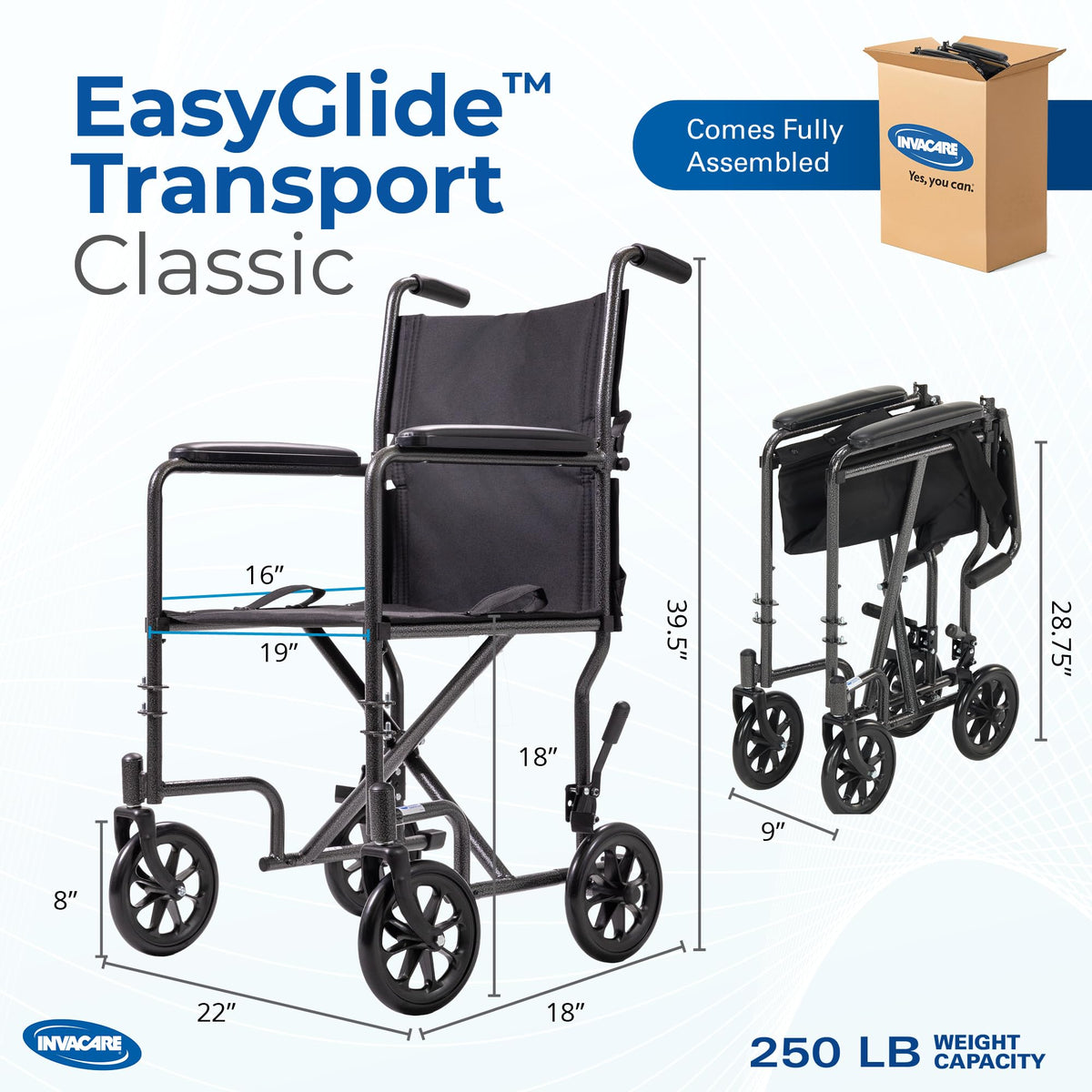 Compact Lightweight Steel Transport Wheelchair with 19in Seat Q5161