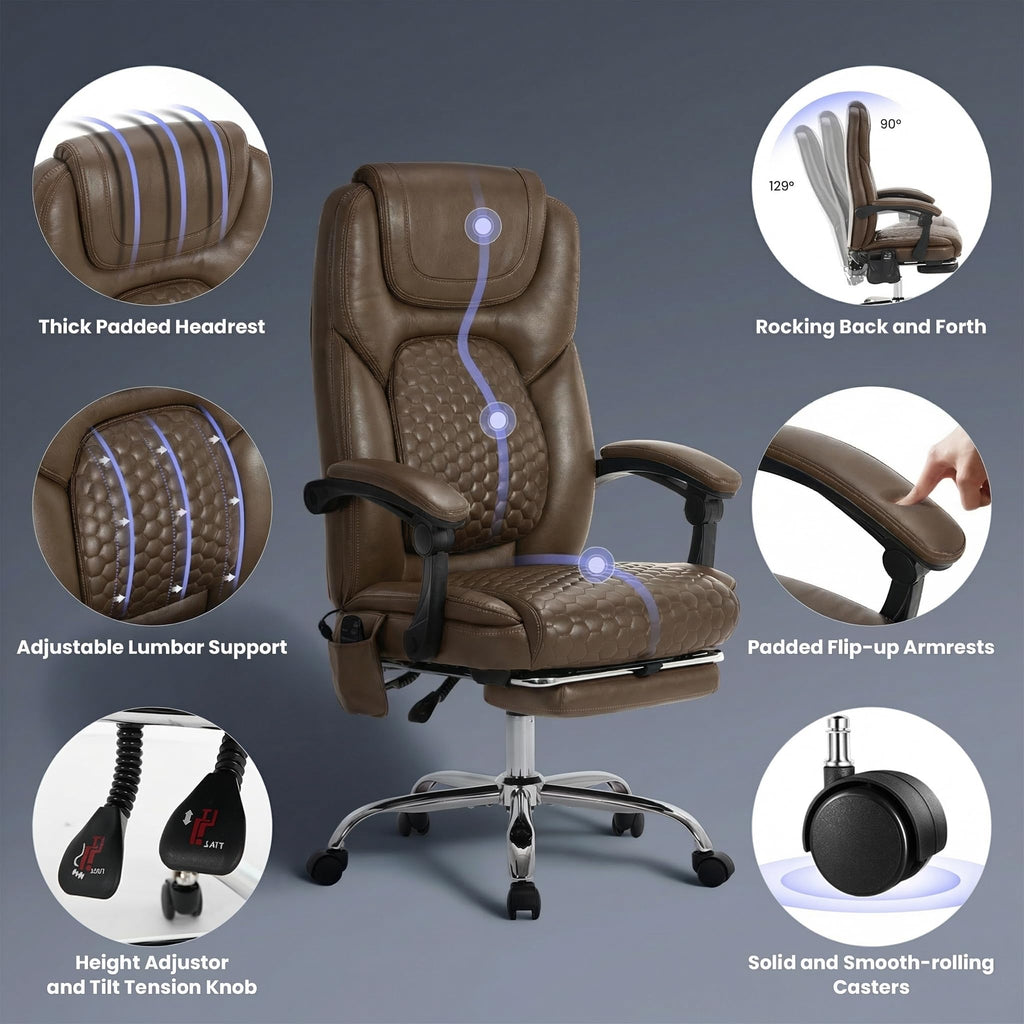 Brown Leather Massage Office Chair with Heat and Footrest Q9431