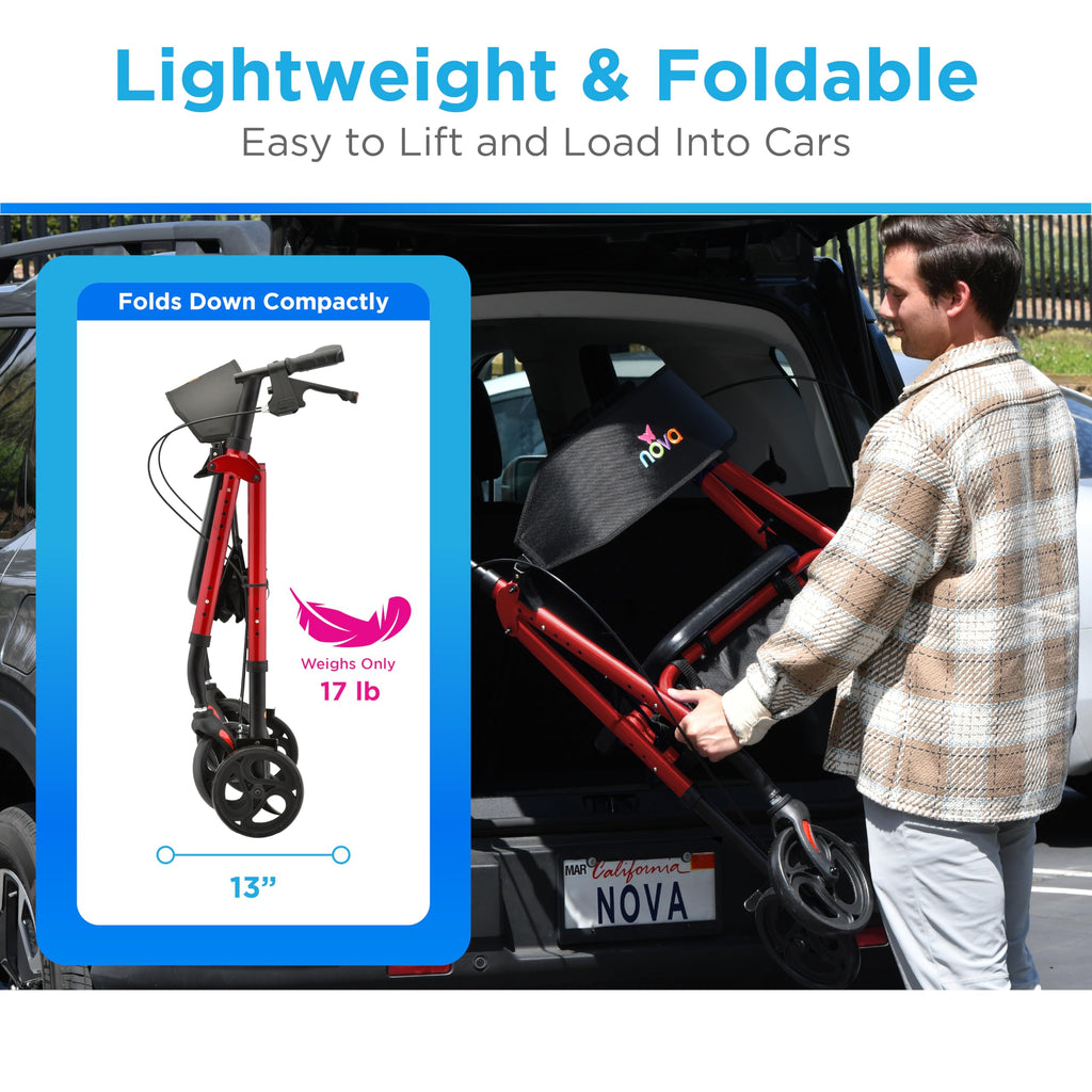 Foldable Rollator Walker with Seat, 8” All-Terrain Wheels, Red E1937