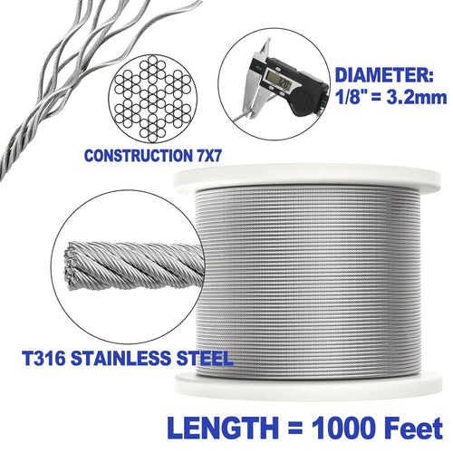 1/8" Stainless Steel Wire Rope Cable 7x7 Strands H355654