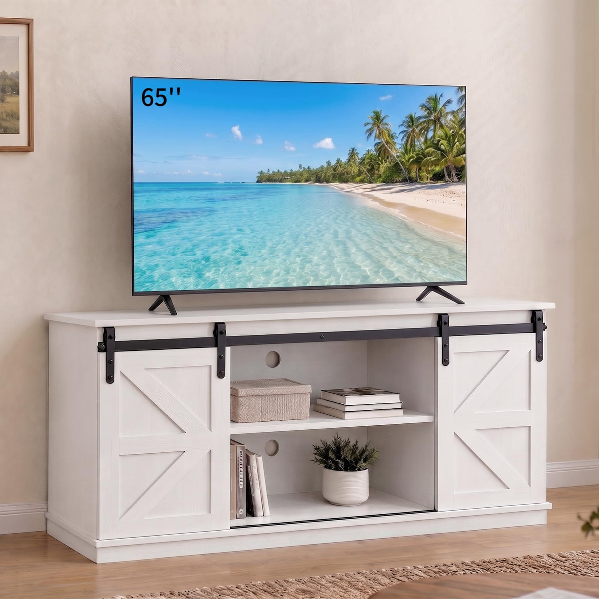 White TV Stand with Sliding Barn Doors N712