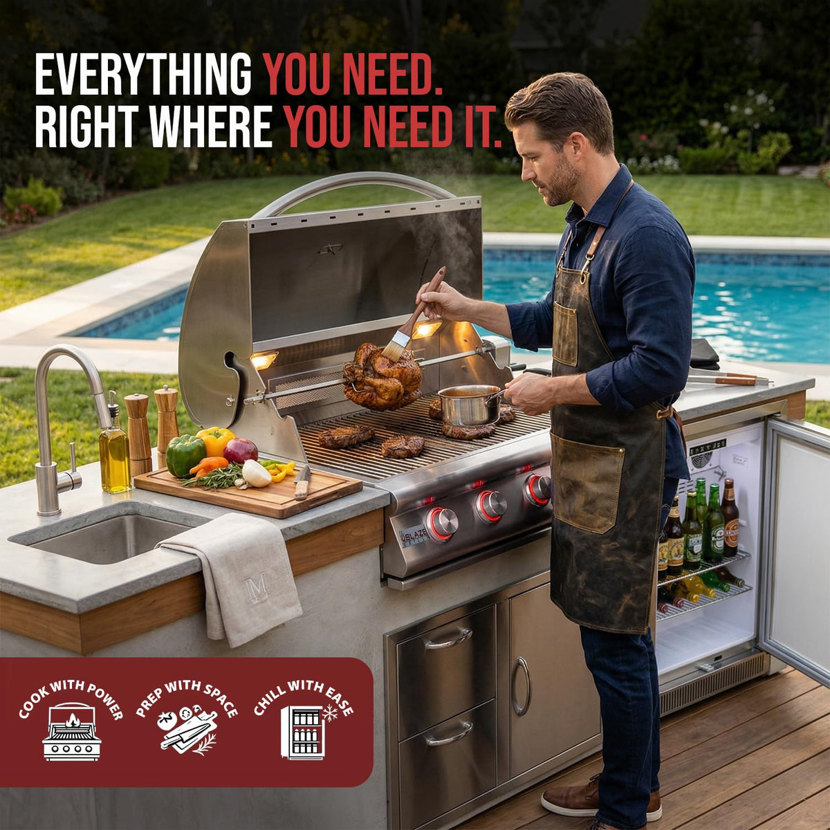 32” Built-in Gas Grill, Double Side Burner, Door & Two Drawers Combo, 20” Refrigerator M71937