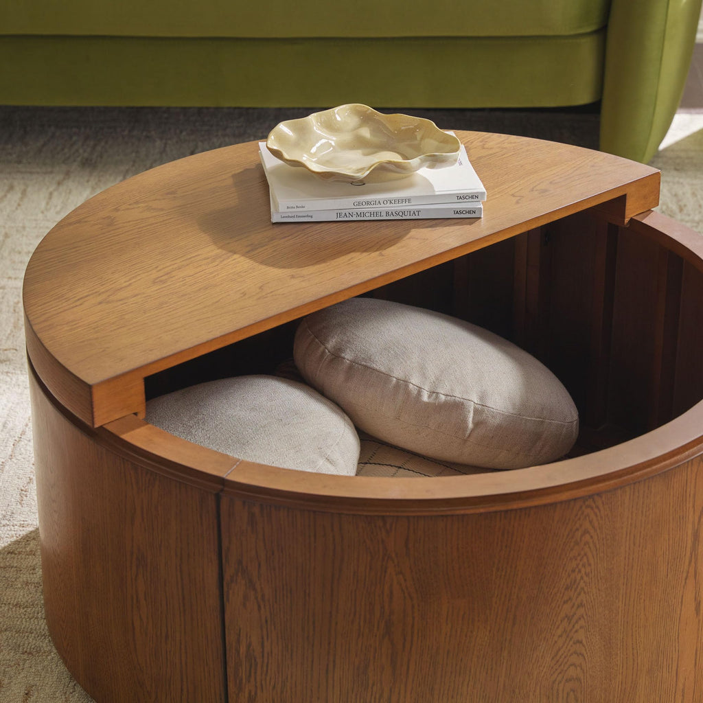 Solid Oak Wood Veneer Coffee Table with Storage, 36 Inch, Medium Brown Oak G341636