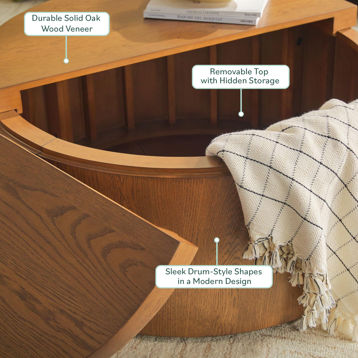 Solid Oak Wood Veneer Coffee Table with Storage, 36 Inch, Medium Brown Oak G341636