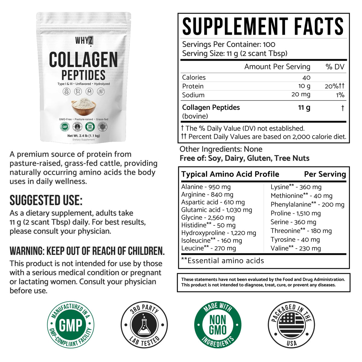 Bovine Collagen Peptides Powder, Hydrolyzed Type I & III, Grass-Fed Unflavored, 2.4lb V37466
