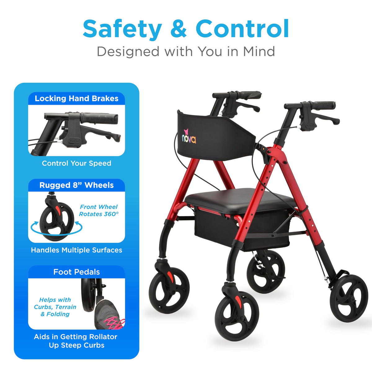 Foldable Rollator Walker with Seat, 8” All-Terrain Wheels, Red E1937