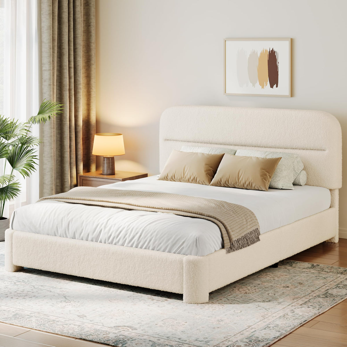 Beige Boucle Upholstered Bed with Headboard N4214