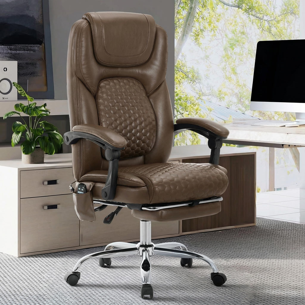 Brown Leather Massage Office Chair with Heat and Footrest Q9431