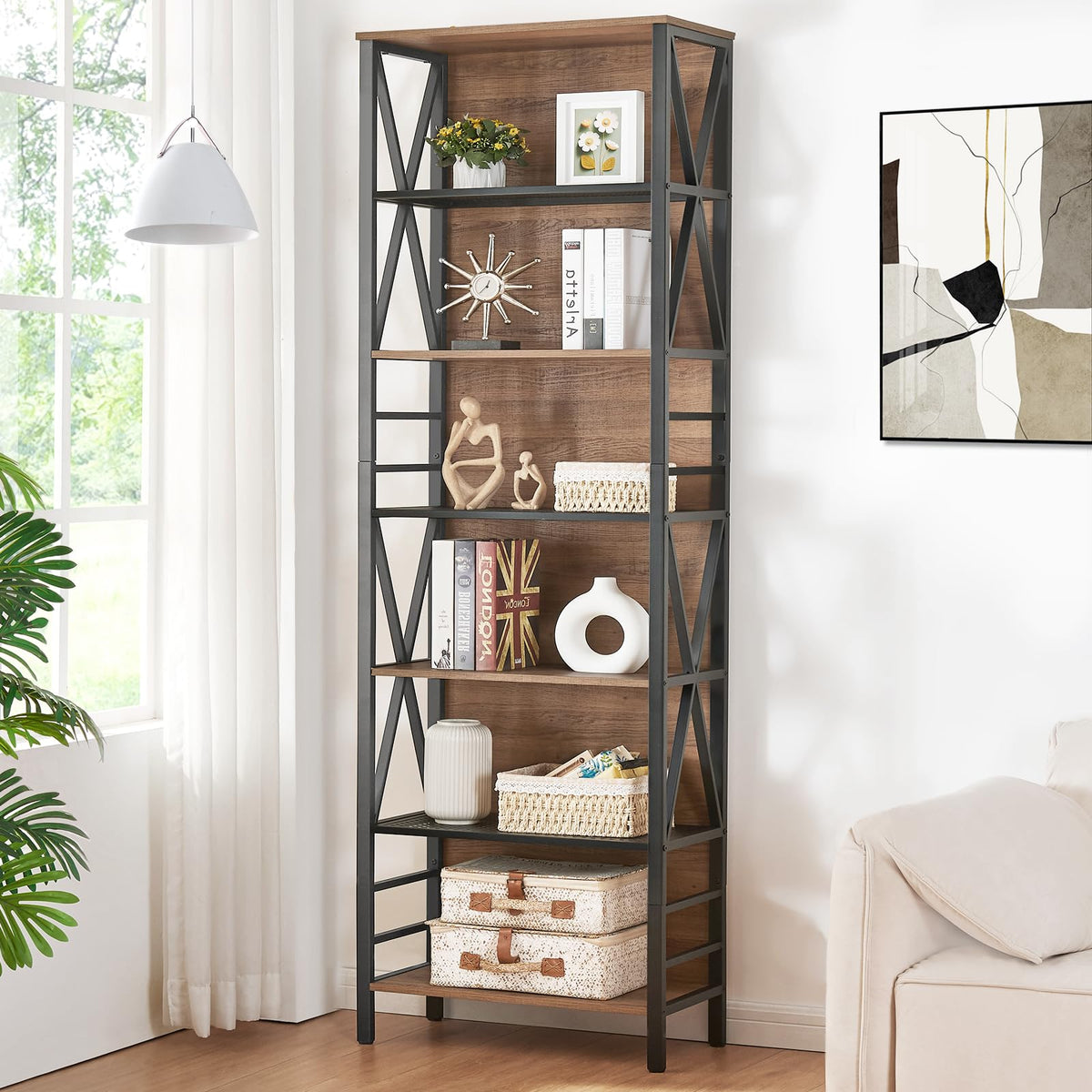 7-Tier Rustic Wood Metal Bookshelf E9129