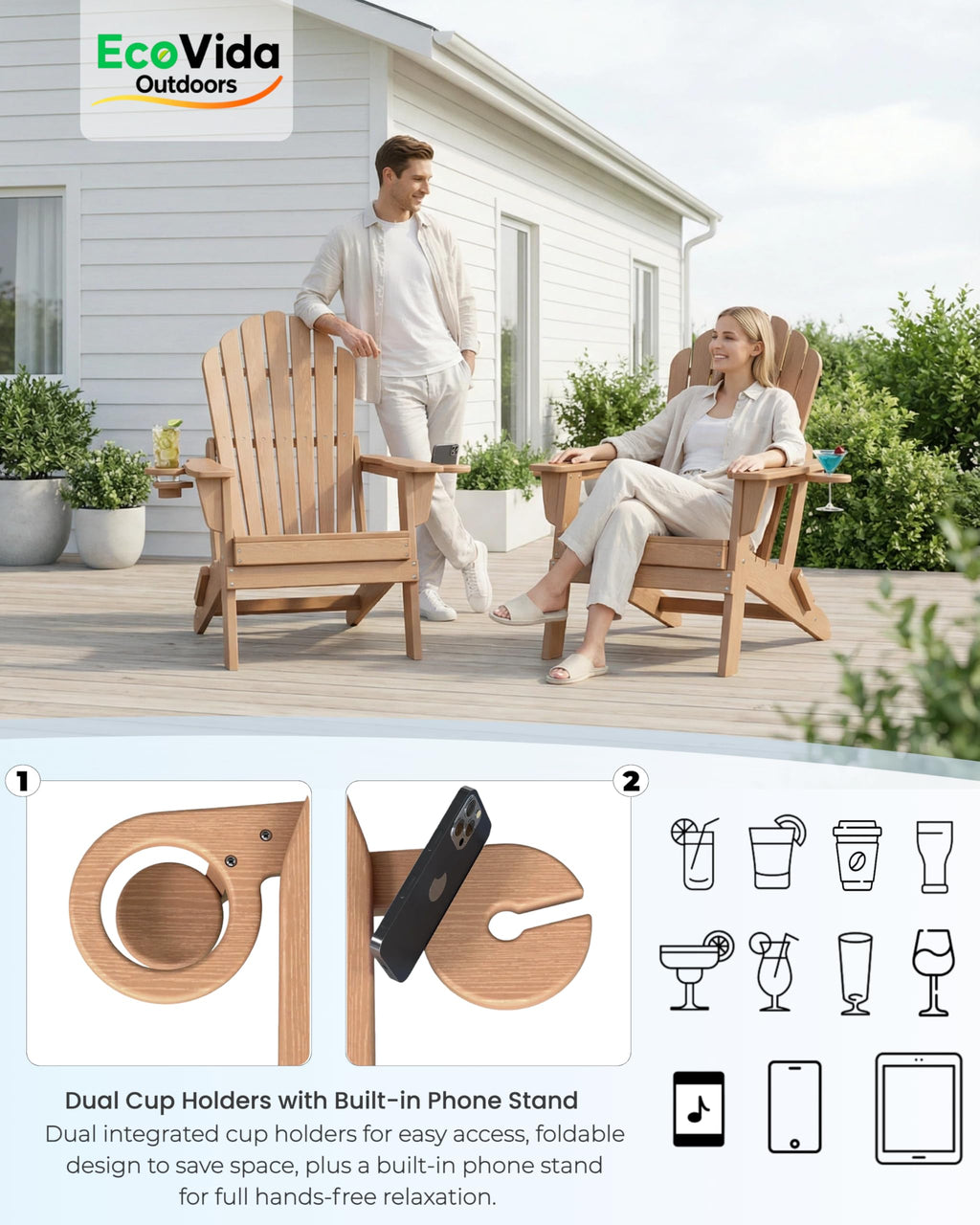 HDPE Adirondack Chair Set of 4 with Cup Holders W609180