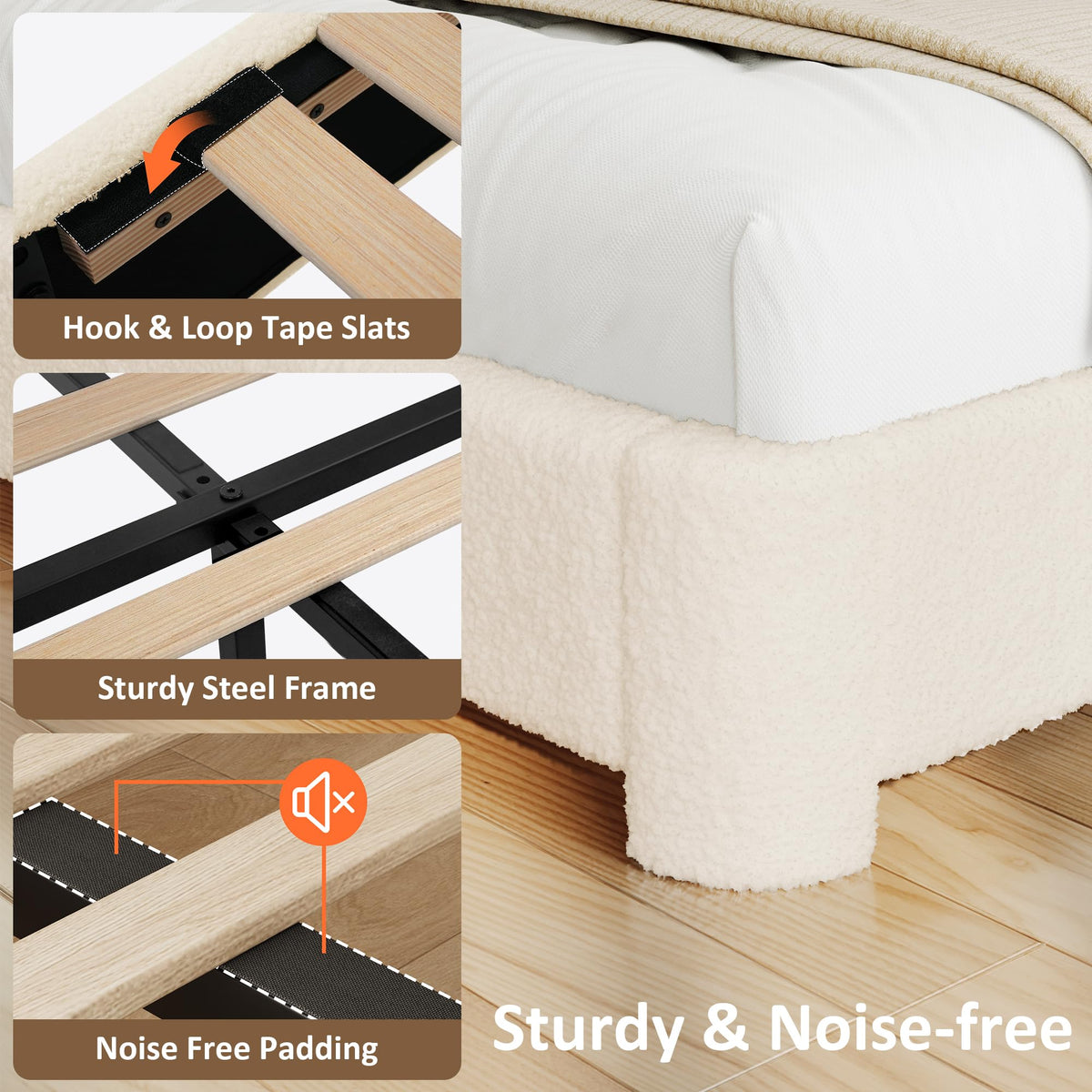 Beige Boucle Upholstered Bed with Headboard N4214