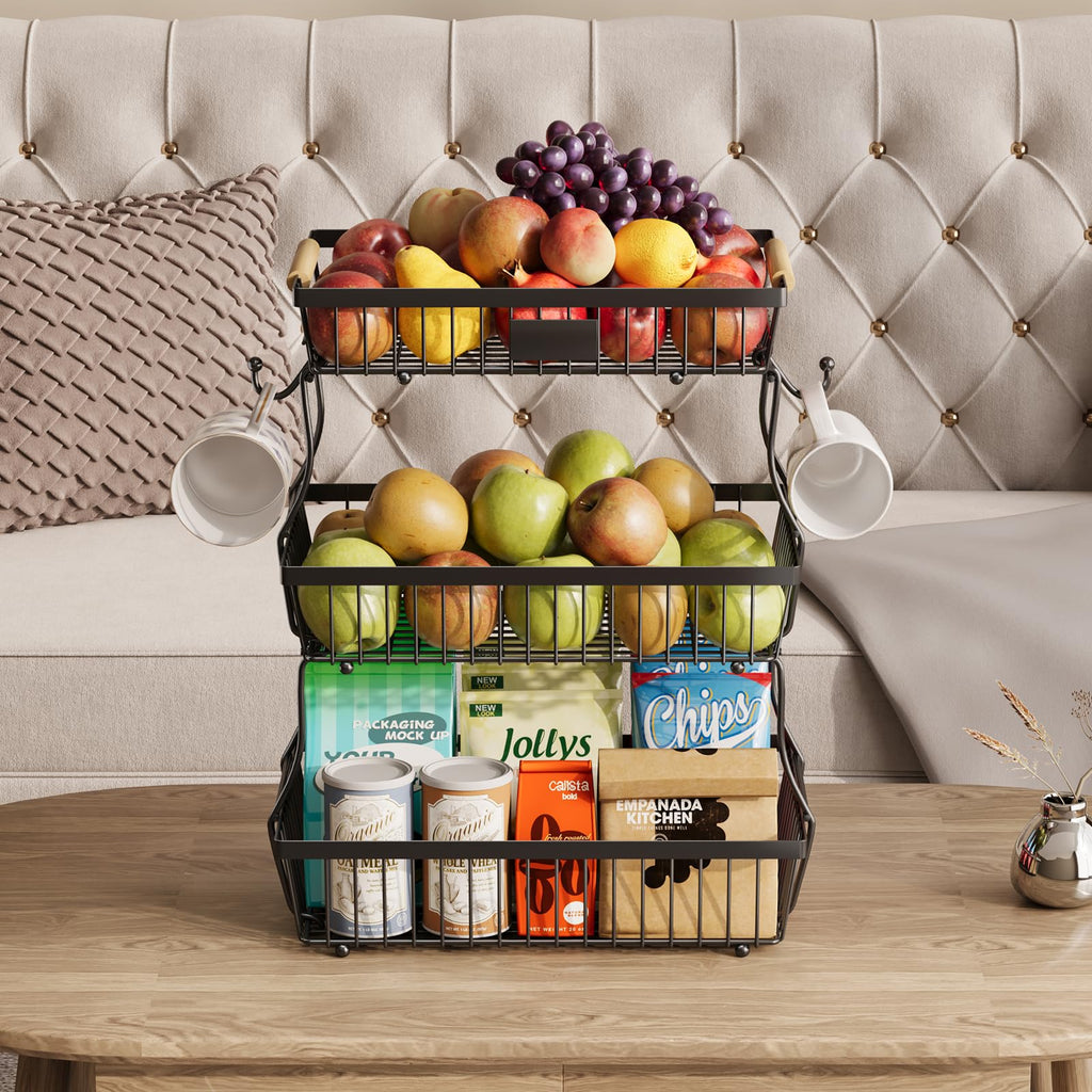 Black 3 Tier Metal Fruit Basket with Wooden Handle G3744