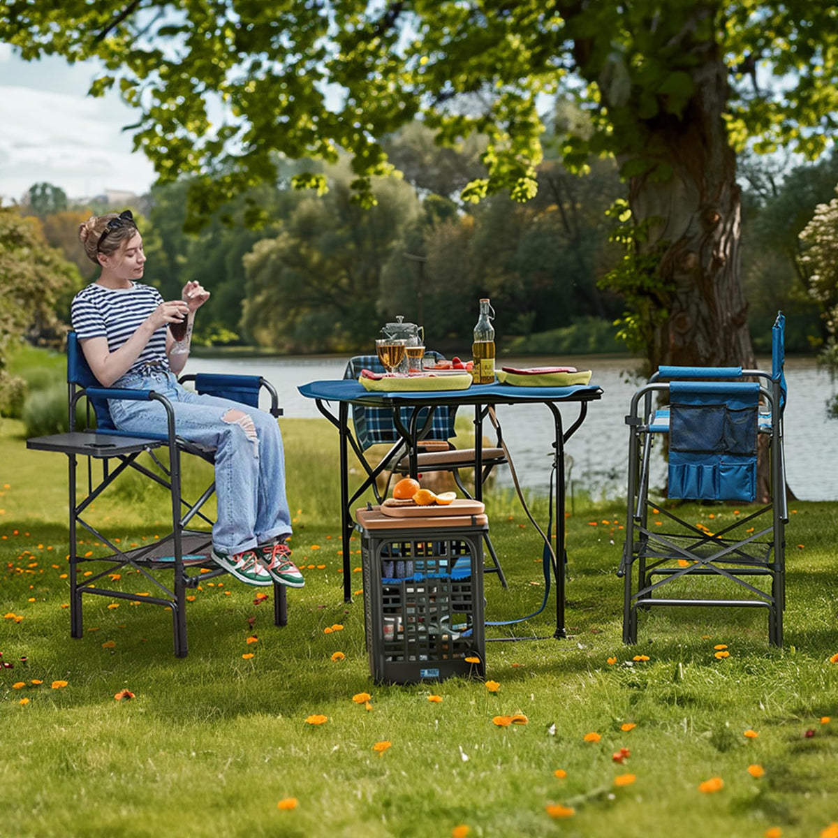 Tall Folding Chair with Side Table Cup Holder Storage Pocket Blue Grey H462