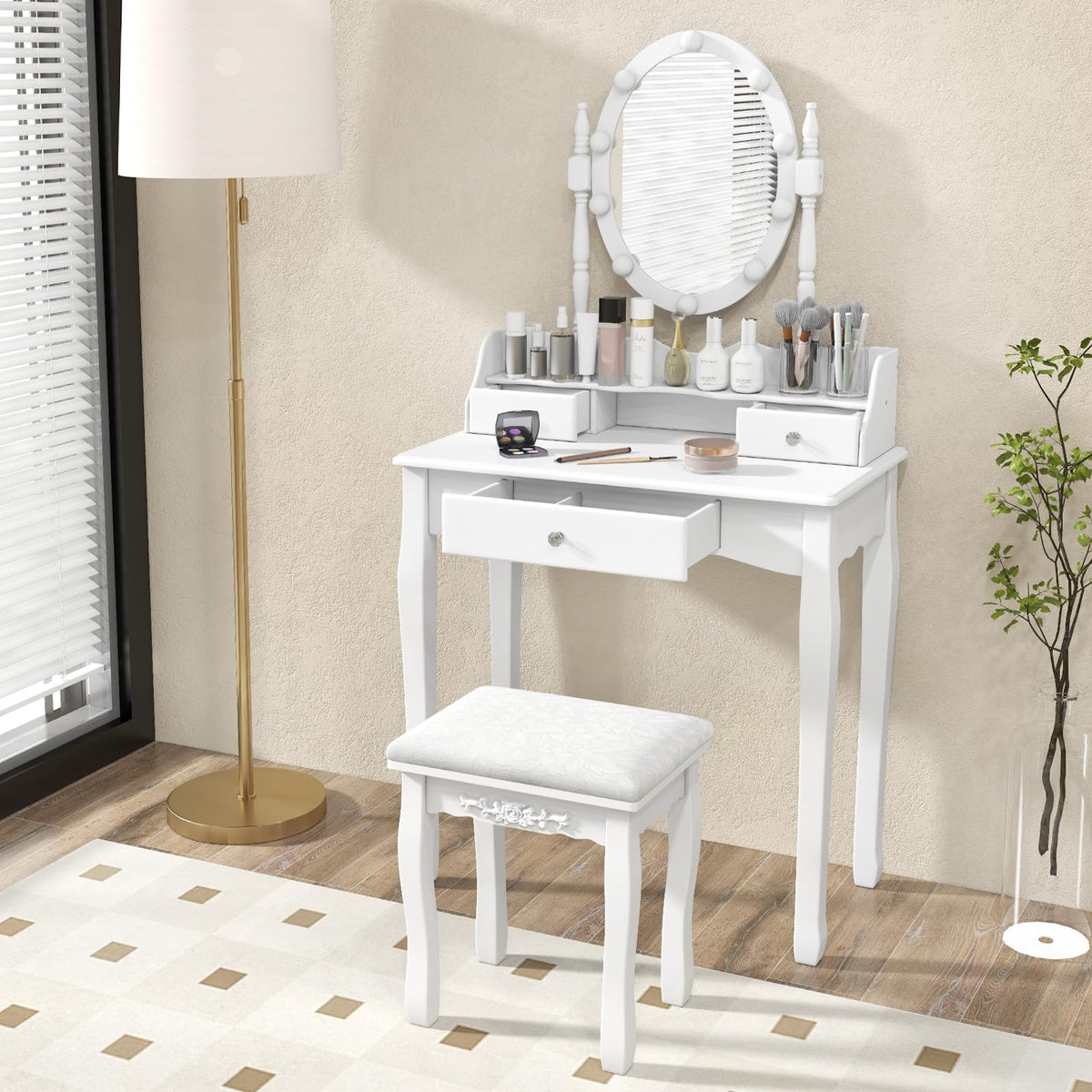 White Makeup Vanity Desk with Lighted Mirror and Stool E55055