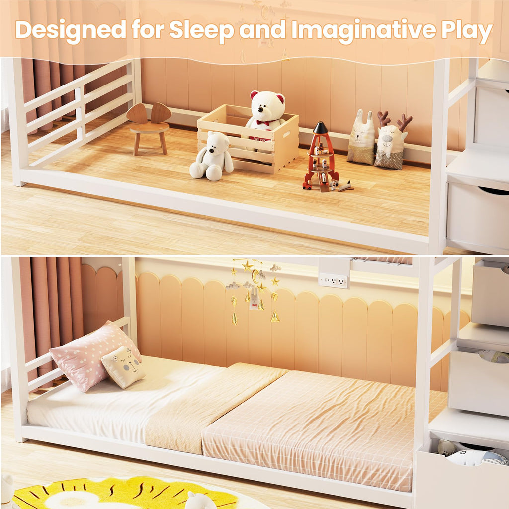 White Twin Over Twin Bunk Bed with Storage Stairs W139