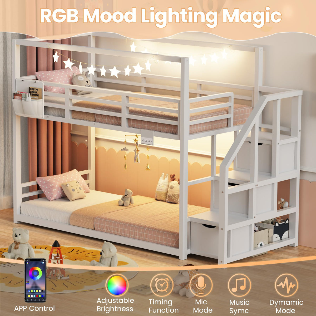 White Twin Over Twin Bunk Bed with Storage Stairs W139