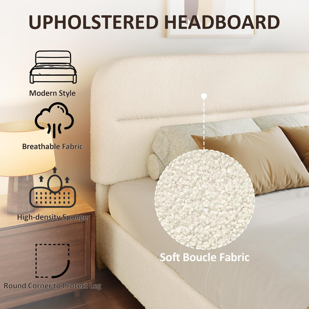 Beige Boucle Upholstered Bed with Headboard N4214