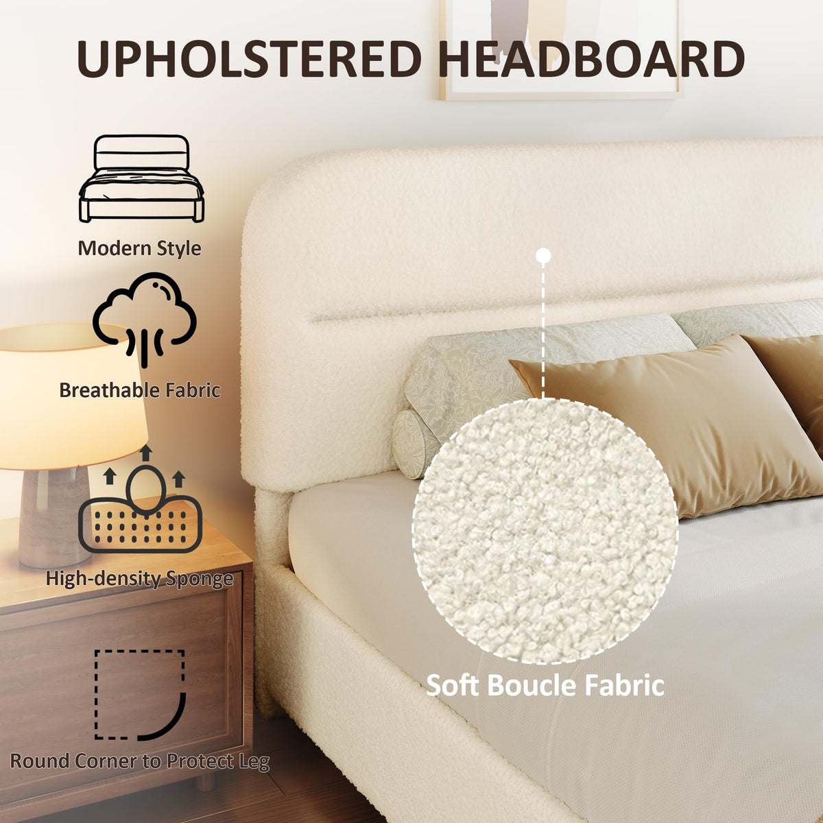 Beige Boucle Upholstered Bed with Headboard N4214
