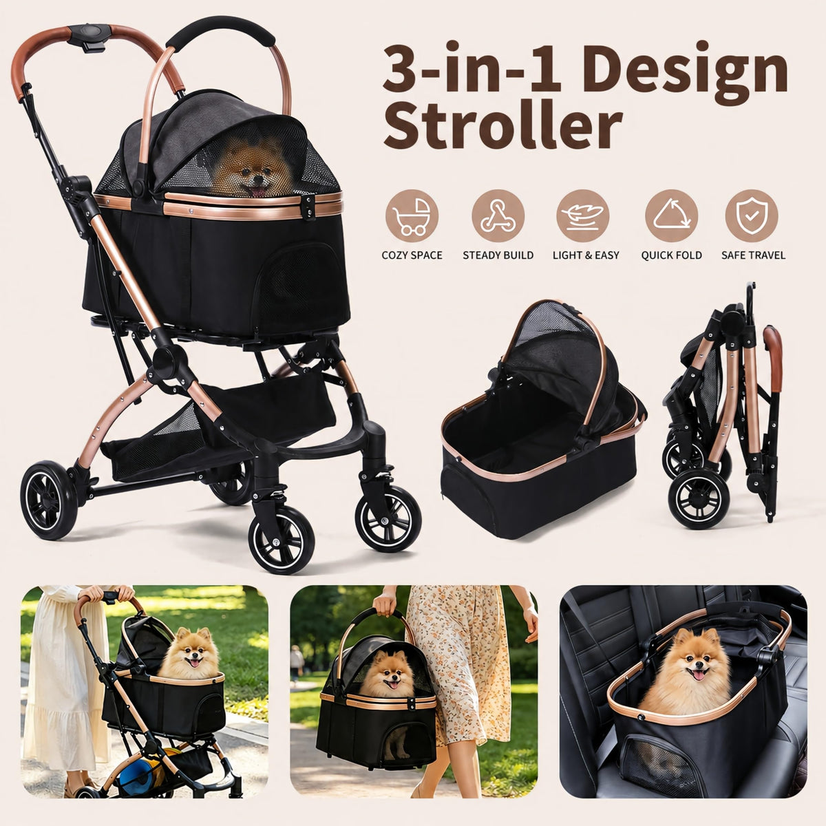 Black 3-in-1 Pet Stroller with Removable Carrier D807738