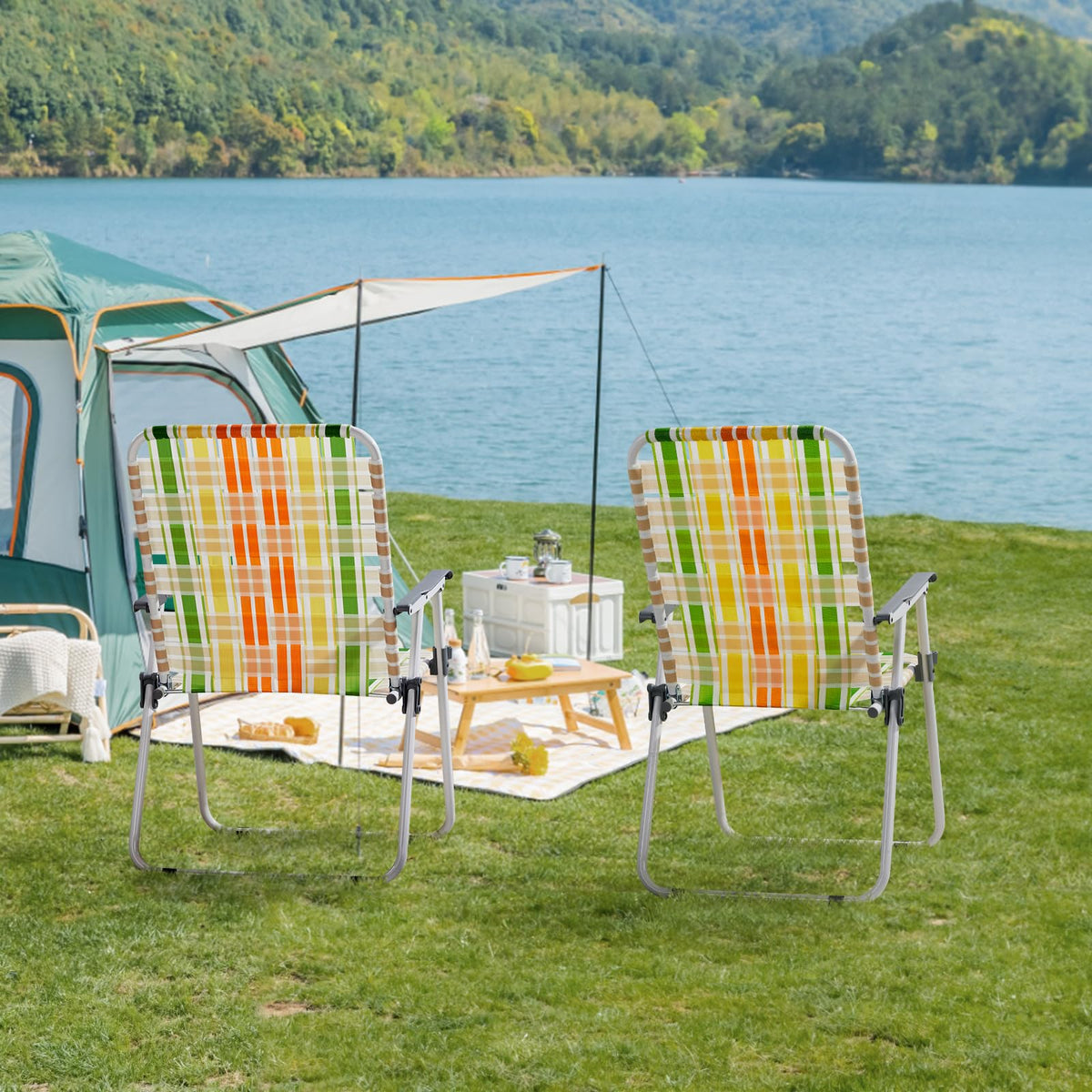 Set of 2 Folding Beach Chairs 260 lbs Capacity Yellow & Green R67731