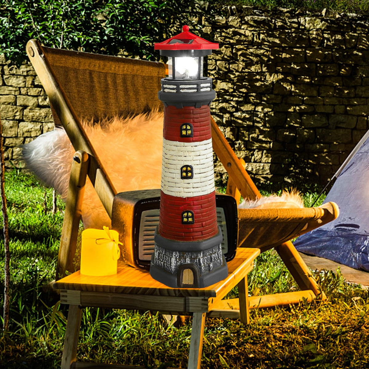 Solar Garden Lighthouse Statue, Waterproof Resin Outdoor Decor Light, 14.76 Inch Red Finish H648348