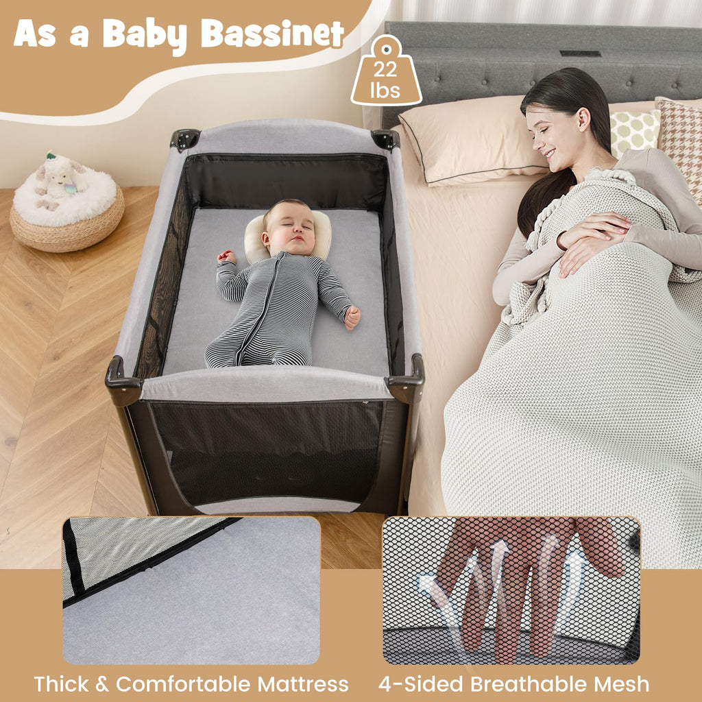 4 in 1 Pack and Play Portable Baby Playard with Changing Table Bassinet Mattress Carry Bag A207427