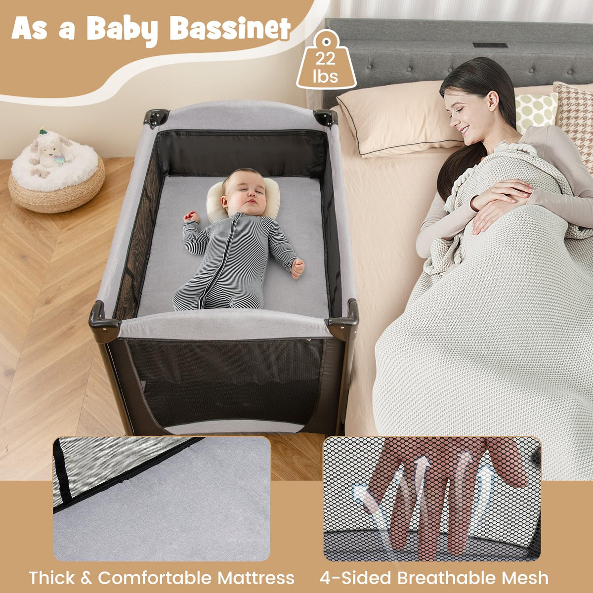 4 in 1 Pack and Play Portable Baby Playard with Changing Table Bassinet Mattress Carry Bag A207427