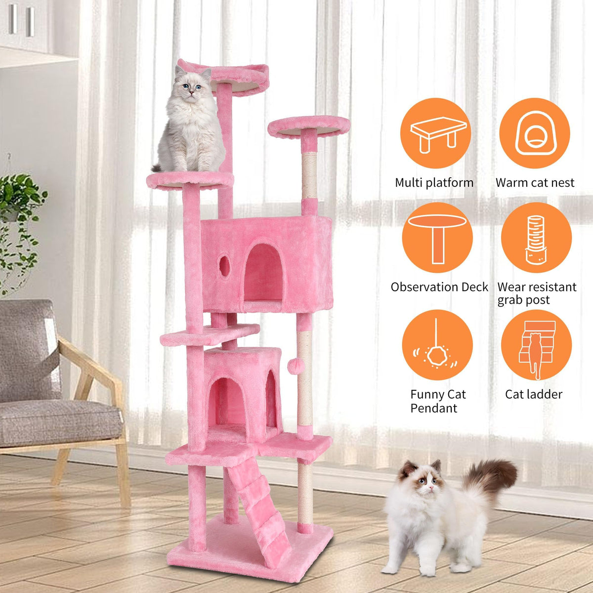 70-inch Pink Multi-Level Cat Tower & Cat Condo with Scratching Post W903