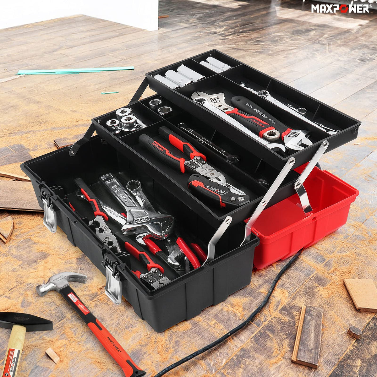 16-Inch Three-Layer Folding Plastic Tool Box with Tray and Dividers Z677