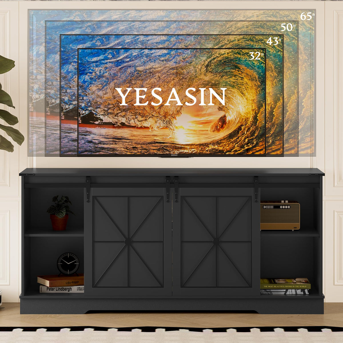 Black TV Stand with Sliding Barn Doors M173031